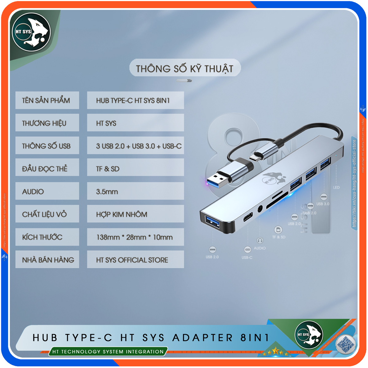 Hub USB 3.0 Và Hub Type C HT SYS Adapter 8in1 - Cổng Chia USB Mở Rộng Kết Nối Tốc Độ Cao Dành Cho Macbook, Laptop, PC - Hub Chuyển Đổi USB Type-C Hỗ Trợ Sạc Pin, Kết Nối Đa Năng ổ Cứng, Bàn Phím, Chuột, Máy In, Ổ Chia USB - Hàng Chính Hãng