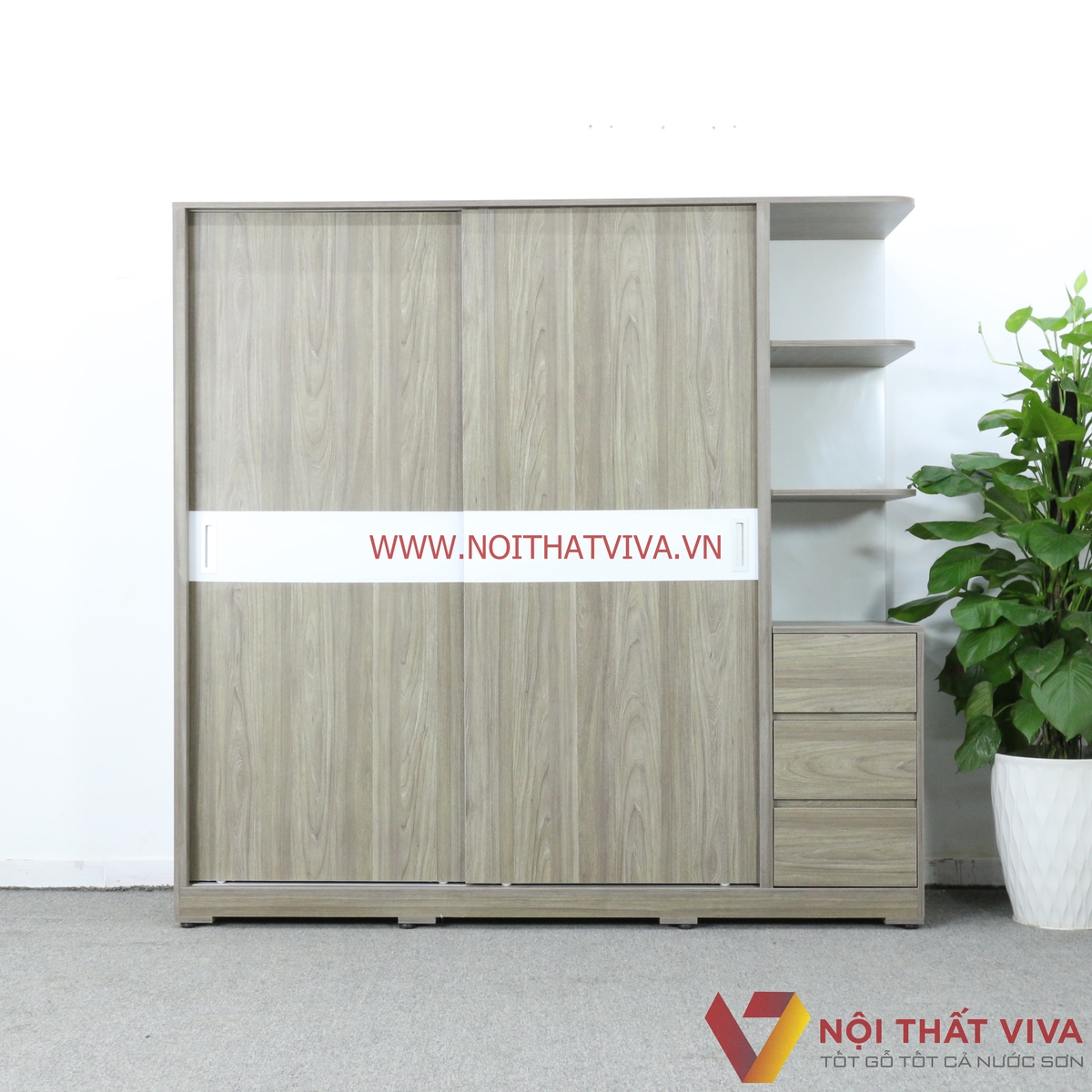 Tủ Quần Áo Cửa Lùa Gỗ MDF Melamine Có Kệ Trang Trí Màu Xám Chỉ Trắng Đẹp