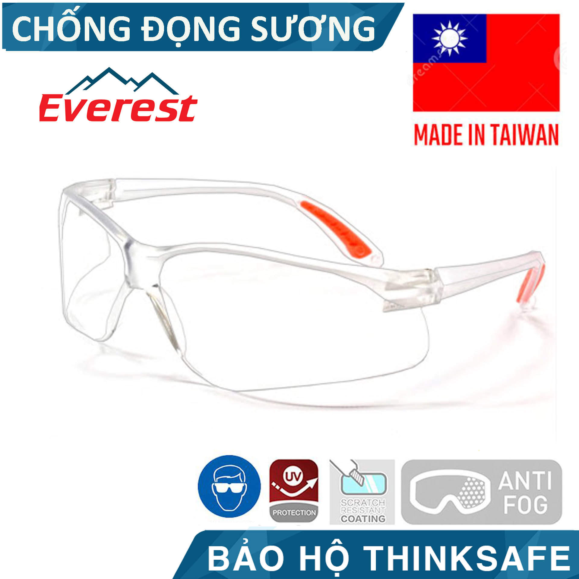 Kính bảo hộ Everest EV201 chống tia UV, chống bụi, trầy xước, đọng sương, mắt kính trong suốt, bảo vệ mắt lao động, đi xe máy - EV201 Clear Anti-Fog