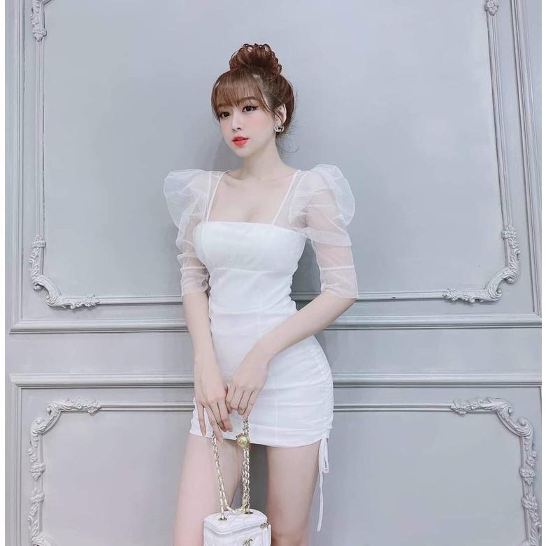 Gunkaymatter Đầm Body Cổ Vuông Phối Lưới,Có Mút Ngực,Chất Liệu UMI Phối Lưới,Phù Hợp Mọi Phong Cách