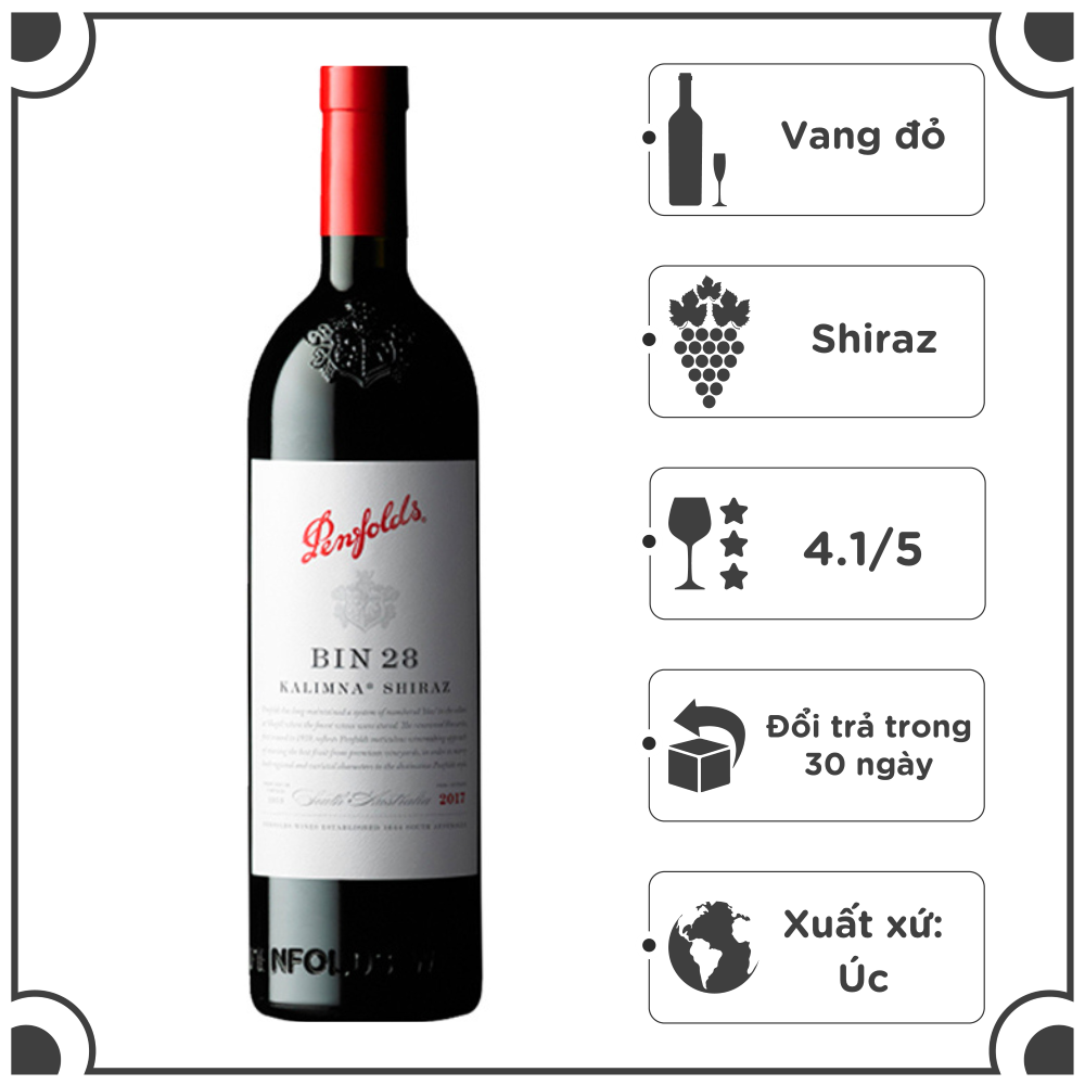 [Made in Australia] Rượu vang đỏ Úc Penfolds Bin 28 Shiraz 750ml 14,5% - Không hộp