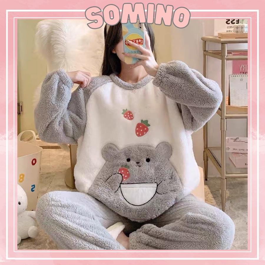 Bộ Đồ Ngủ Lông Pijama Quần Áo Mặc Ở Nhà Dài Tay Mùa Đông Mềm Mại Bộ Ngủ Mùa Đông Dày Dặn Ấm Áp