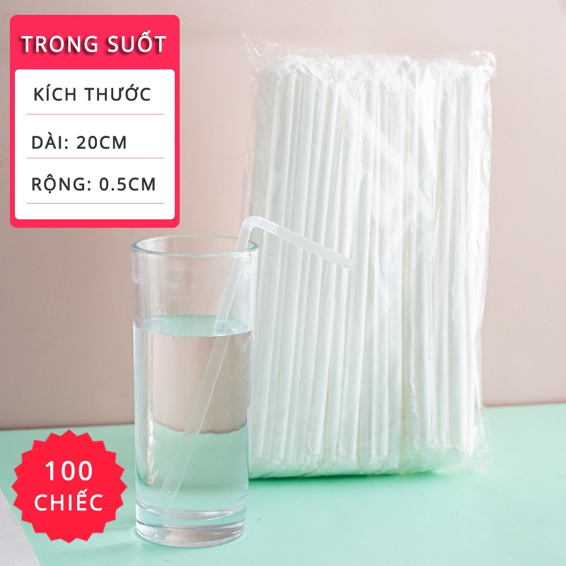 Ống hút nhựa gập trong suốt túi 100 chiếc niêm phong độc lập tiện lợi kích thước 21 x 0,5cm chất liệu thực phẩm