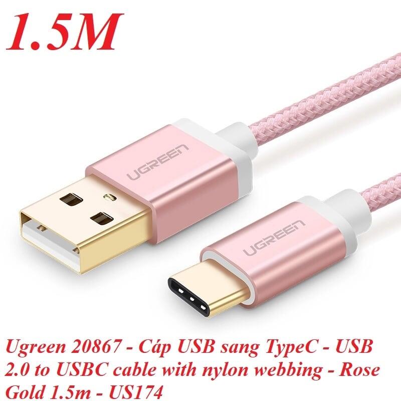 Ugreen UG20867US174TK 1.5M màu Hồng Dây USB 2.0 sang Type-C đầu nhôm dây bọc vinyl - HÀNG CHÍNH HÃNG