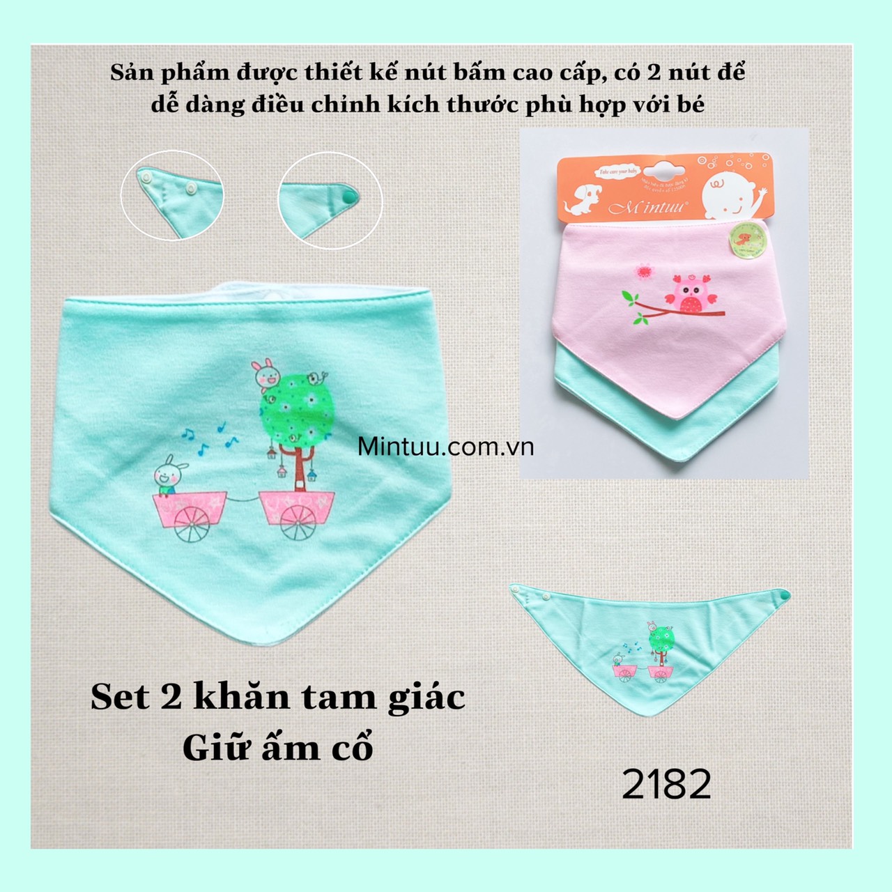 Set 2 Khăn yếm tam giác bấm nút cho bé thương hiệu MINTUU