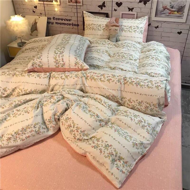 Bộ Chăn Ga Gối Cotton Living 100%Cotton Hàng Nhập Khẩu Cao Cấp 4 Món Hoa Dây Trắng Vintage