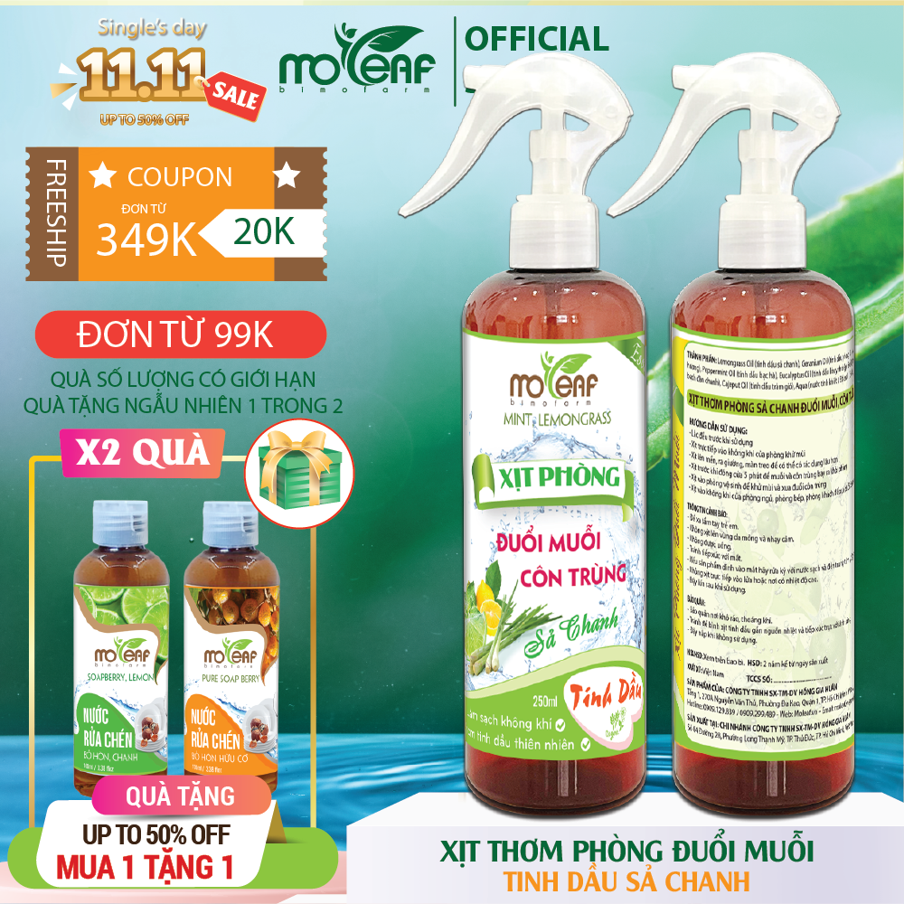 Xịt Thơm Phòng ĐUỔI MUỖI Moleaf Tinh Dầu Sả Chanh 250ml – 250ML
