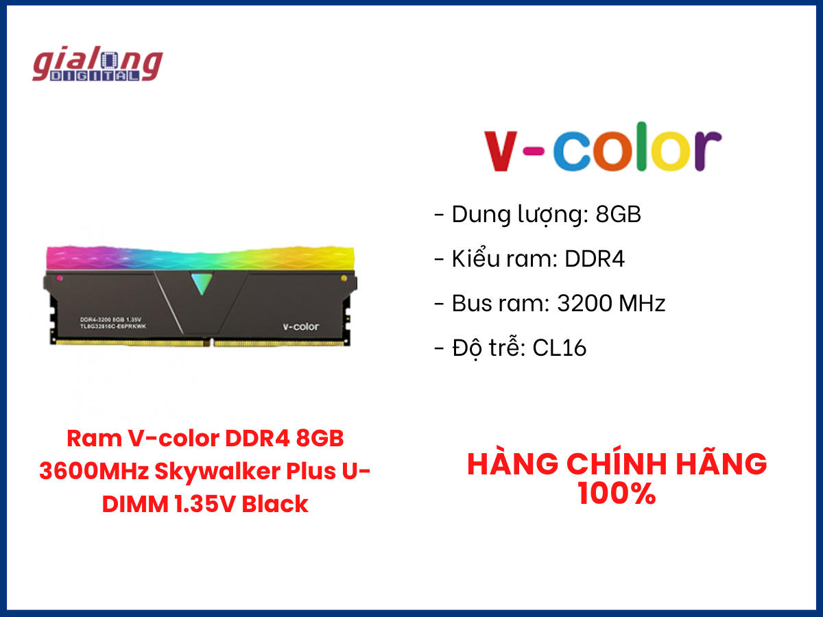 Ram V-color DDR4 8GB 3600MHz Skywalker Plus U-DIMM 1.35V Black - Hàng chính hãng