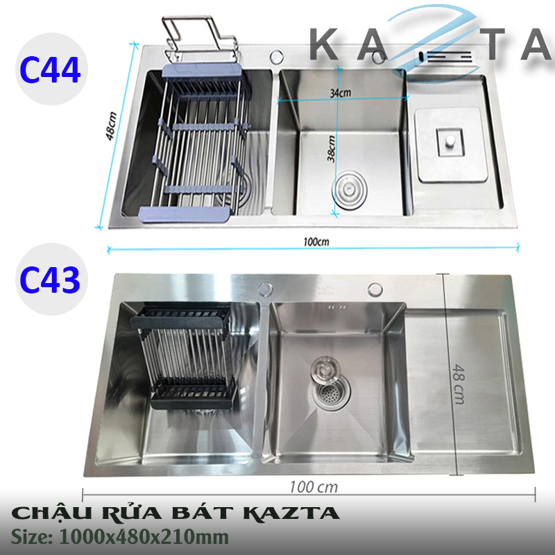 Chậu Rửa Bát Inox Cao Cấp KAZTA KZ-C43 C44 Loại 2 Hộc 1 Cánh - Kích thước 100x48cm rộng rãi tiện dụng