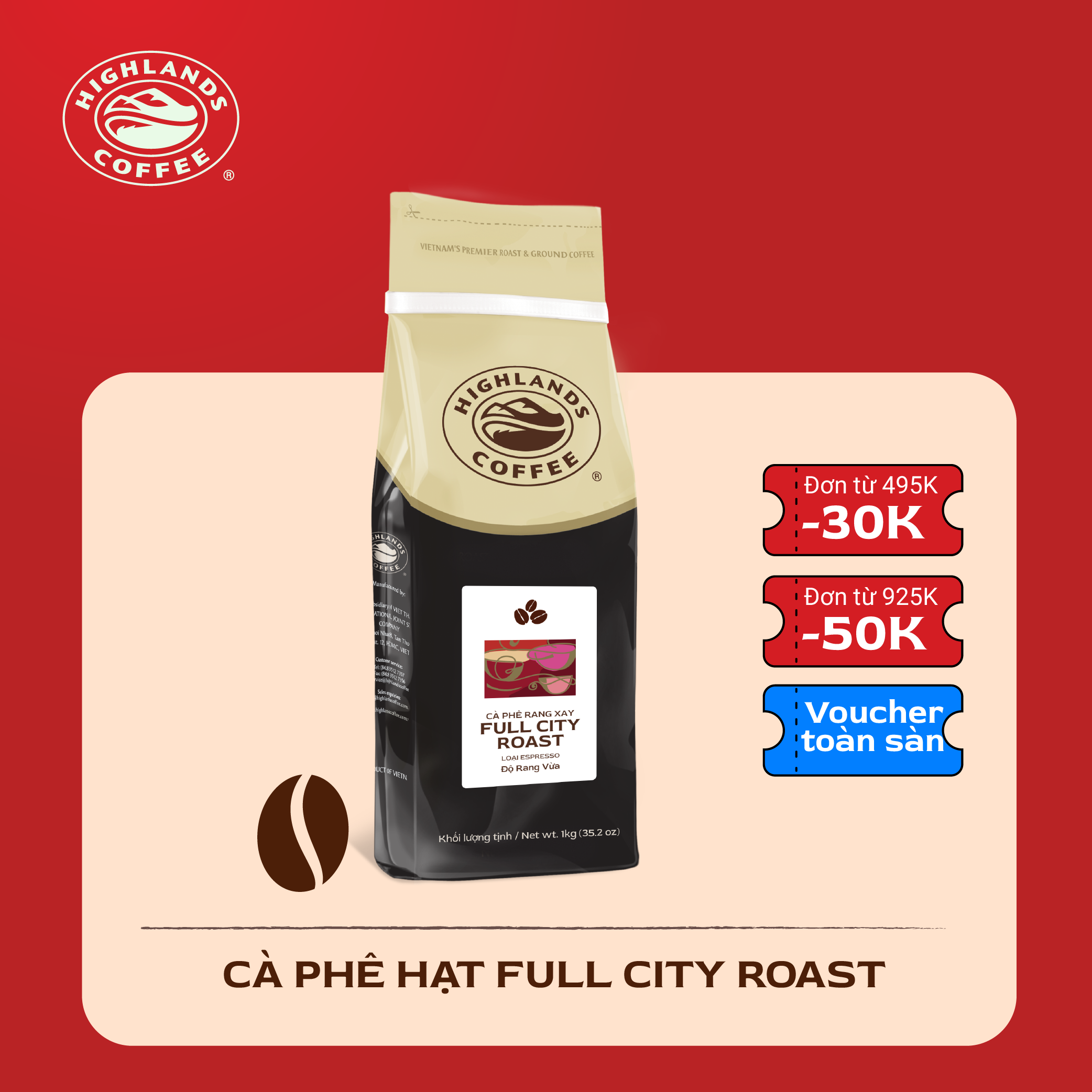 Cà Phê Hạt Full City Highlands Coffee (1kg)