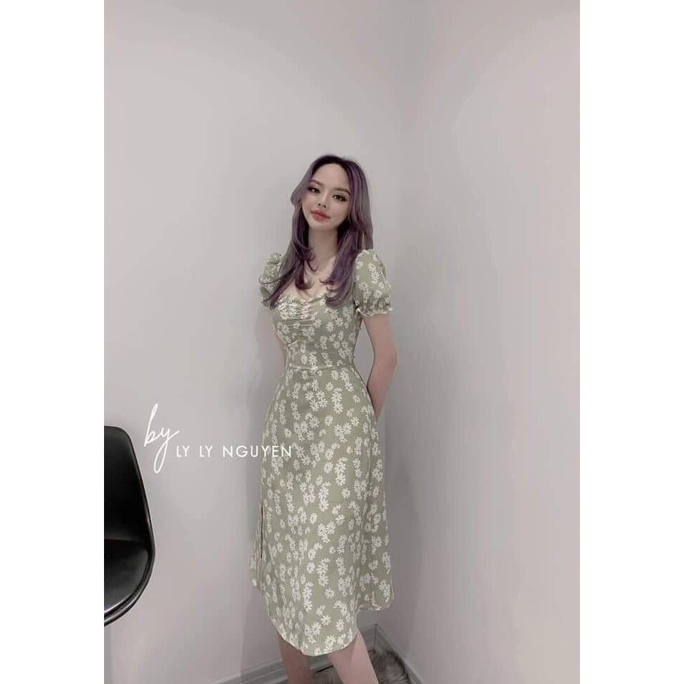 Váy Đầm Nữ Đi Chơi Hoa Cúc Rúm Ngực Tay Bồng Xẻ Tà Nữ Tính Xinh Xắn Thời Trang Habana123456