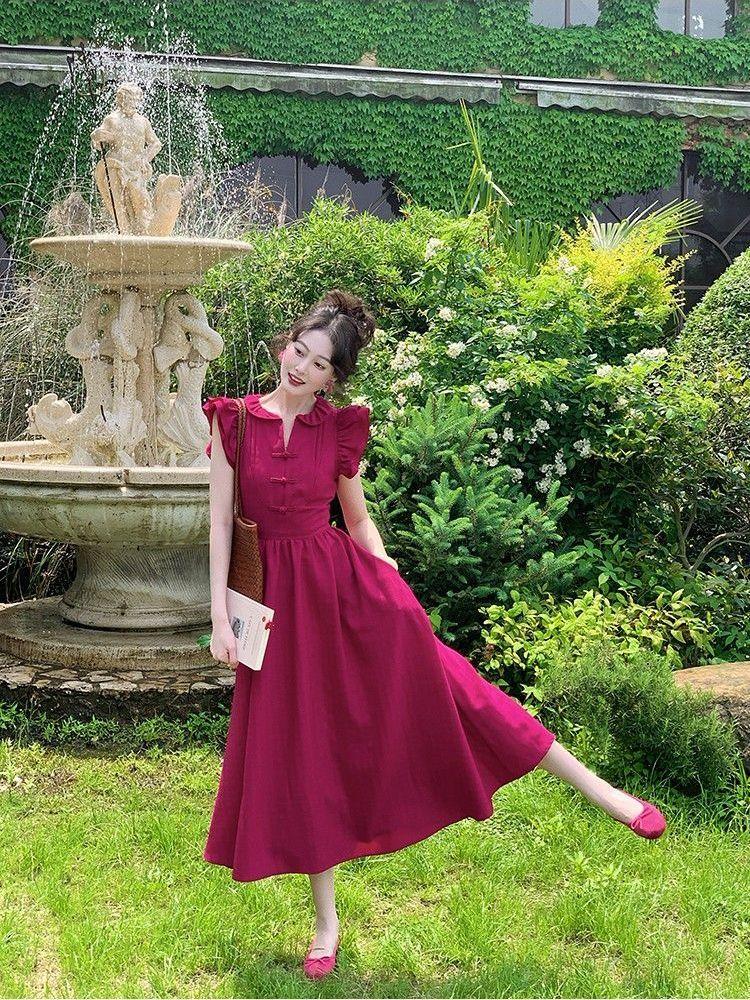 SHUANGYAN Phong cách Pháp phục cổ màu đỏ Tiểu Phi tay áo đầm nữ mùa hè thu eo lộ ra gầy chữ A váy đầm khí chất cao cấp cảm giác váy dài