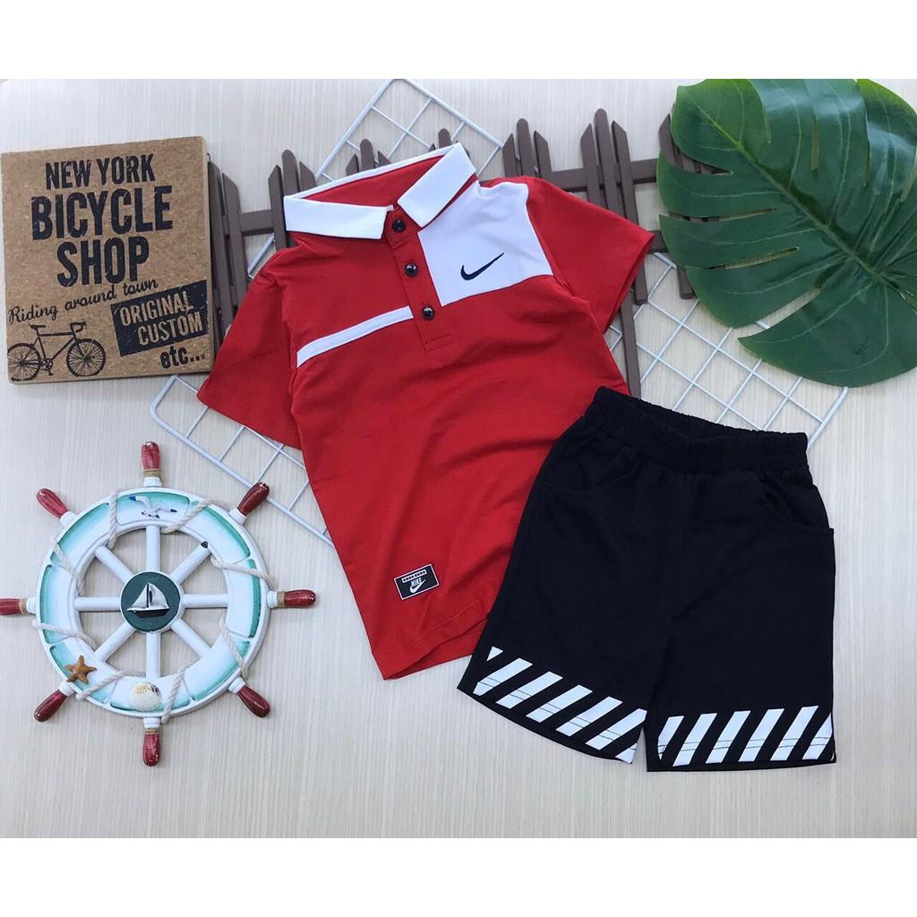 Bộ quần áo thun cotton, cổ trụ, ngắn tay cho bé trai.
