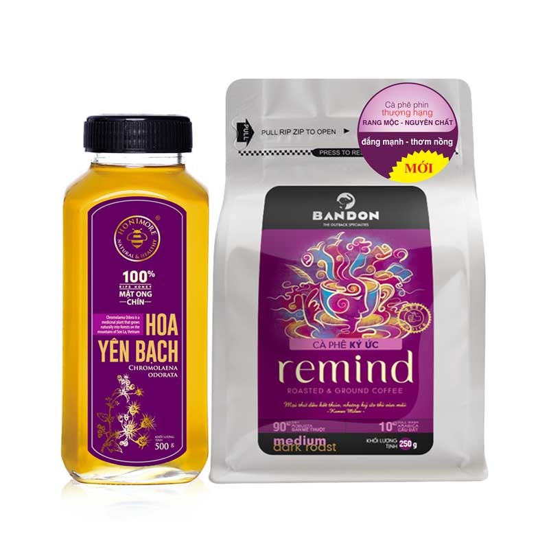 Mật ong chín Honimore Hoa Yên Bạch 500g + Cà phê rang xay nguyên chất mộc sạch Bandon Remind 250g
