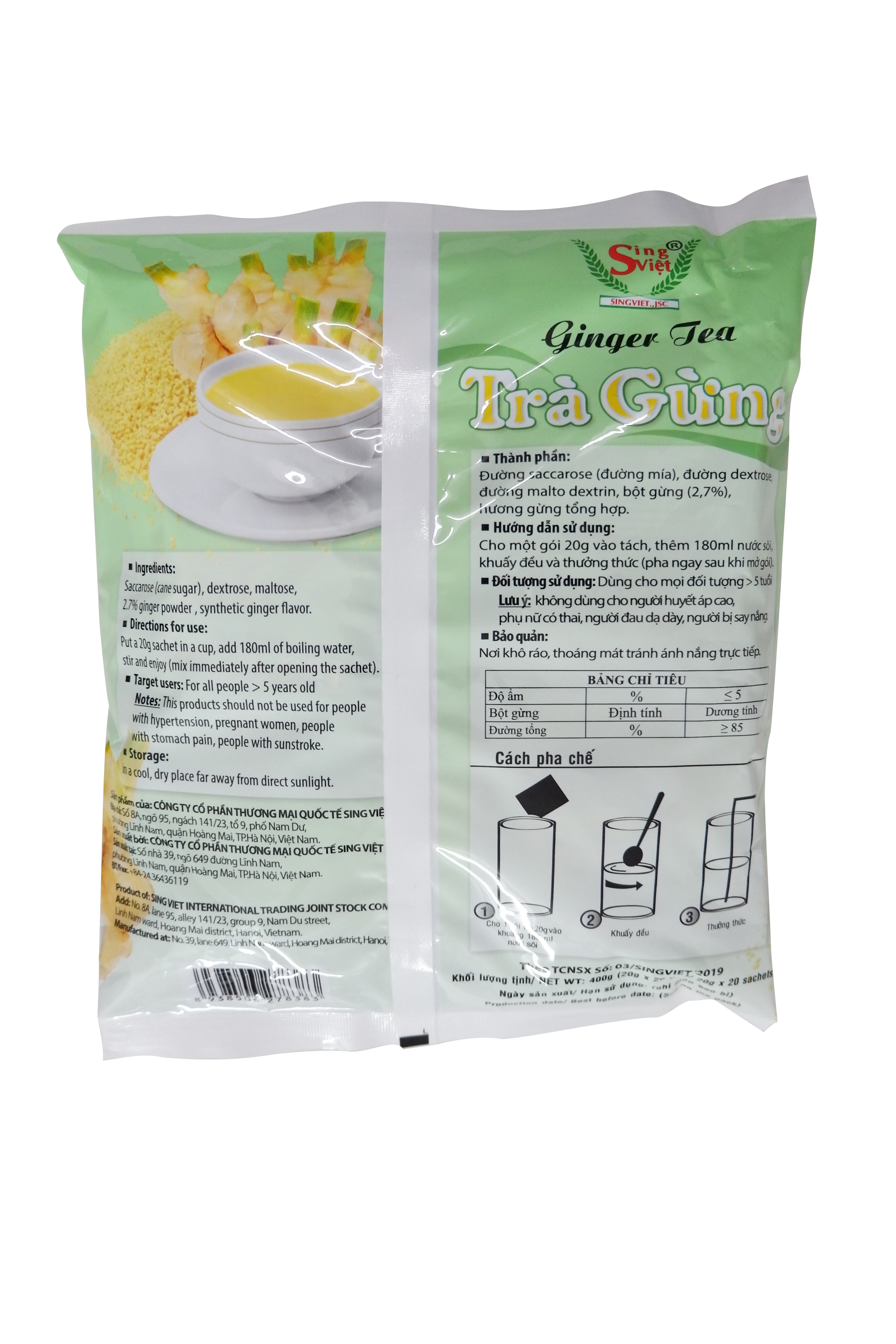 Trà gừng bịch xanh cốm 400gram Sing Việt