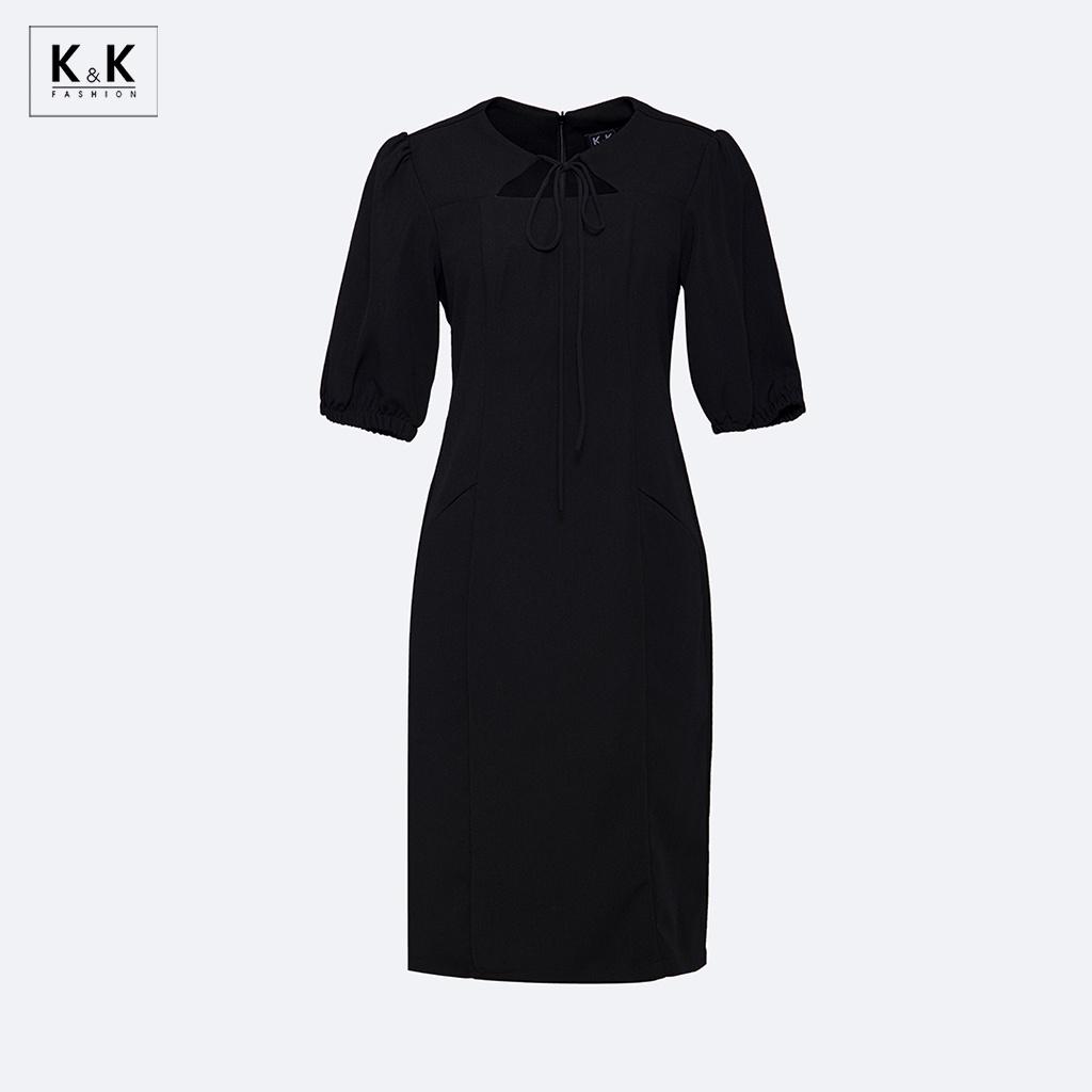 Đầm Đen Công Sở Cổ Cut Out Tay Lửng K&amp;K Fashion KK119-30 Chất Liệu Tuyết Mưa