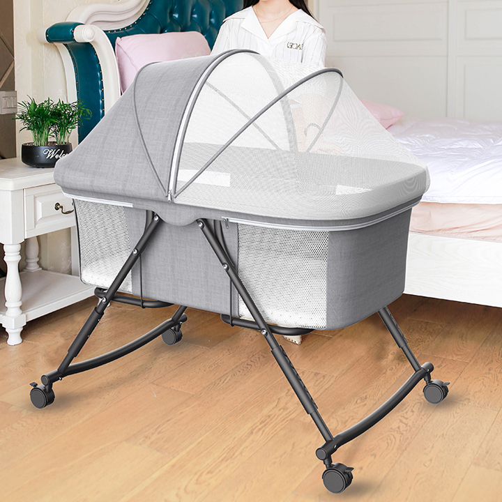 Nôi gấp gọn kèm màn, có bánh xe, gối, nệm. Nôi vải cao cấp cho bé từ sơ sinh tới 24 tháng