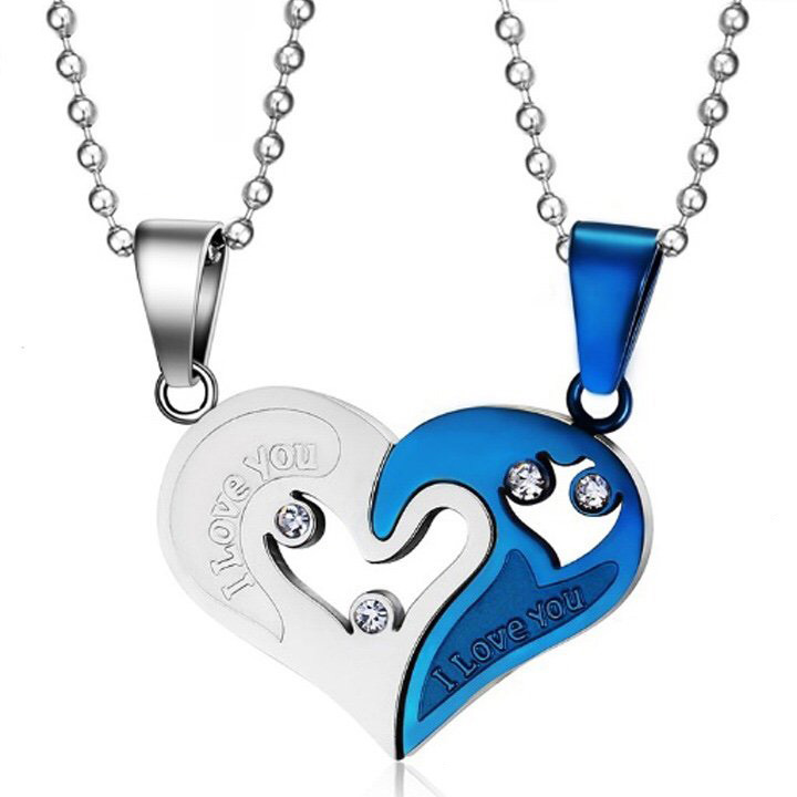 Hình ảnh Dây chuyền cặp đôi 2 mảnh ghép trái tim (trắng xanh) CDC007X