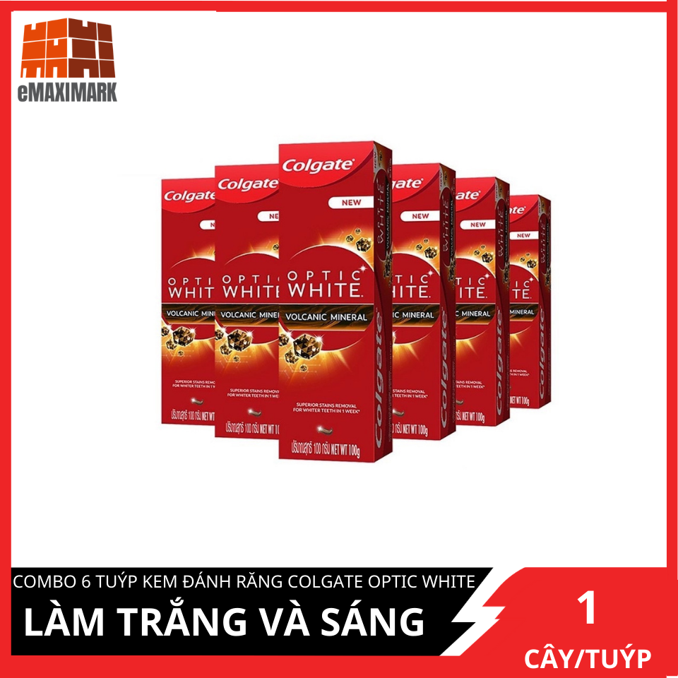 COMBO 6 tuýp kem đánh răng Colgate Optic White Làm trắng và sáng răng từ tinh chất núi lửa 100gX6