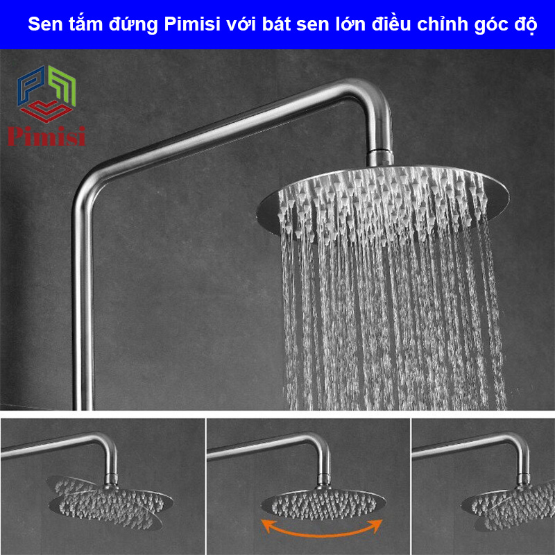 Bộ vòi hoa sen cây tắm đứng nóng lạnh inox 304 kiểu tròn Pimisi đầy đủ phụ kiện với bát sen to - bát nhỏ cầm tay tăng áp dùng được cho cả nhà tắm nhỏ và thấp | Hàng chính hãng