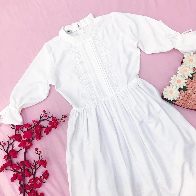 Đầm váy babydoll trắng tay nơ