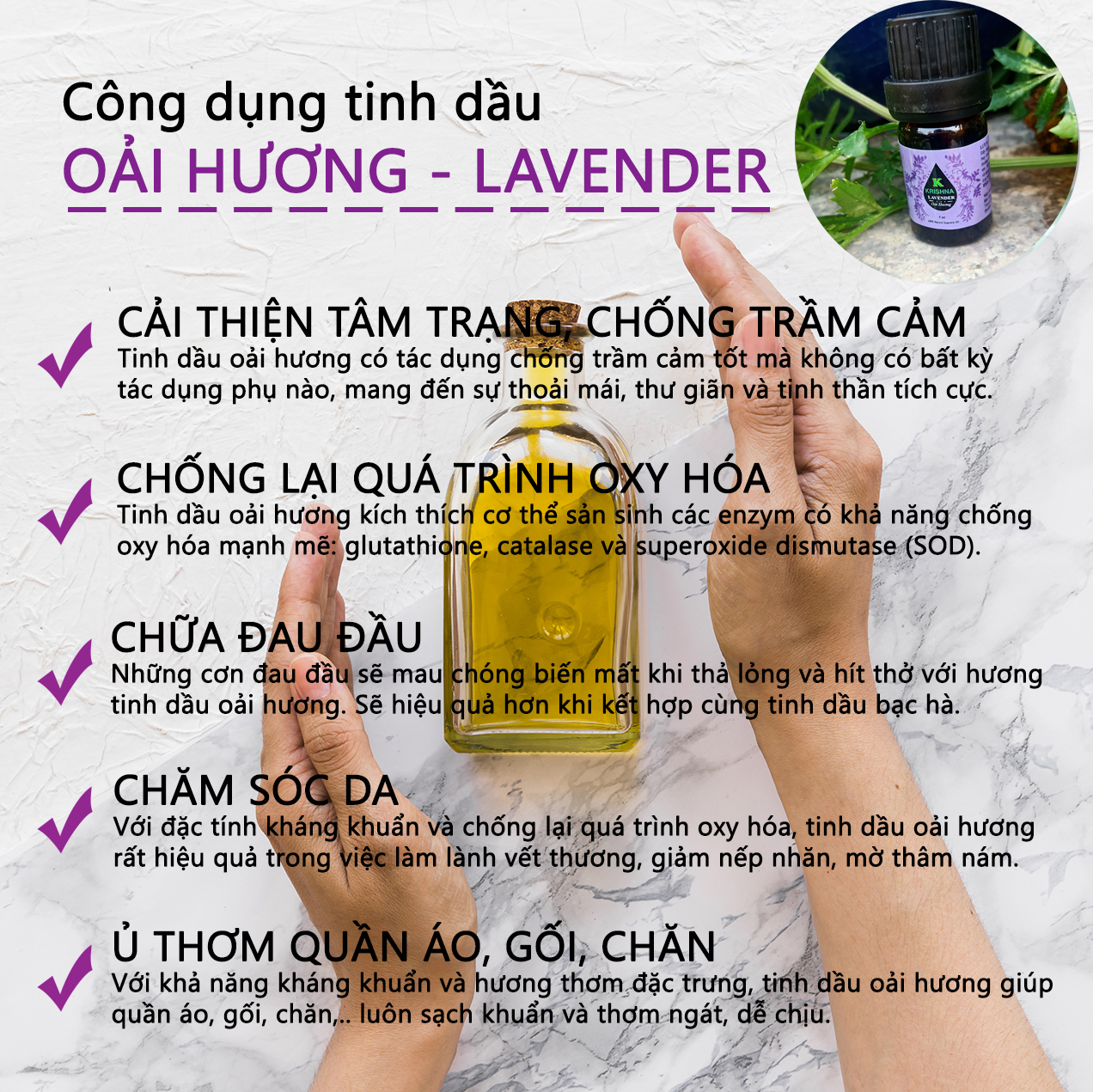 Tinh dầu Oải hương KRISHNA cao cấp nguyên chất nhập khẩu 10ml - Lavender Essential Oil - Tinh dầu xông phòng giúp thư giãn, giảm căng thẳng, khử mùi, nâng cao chất lượng giấc ngủ