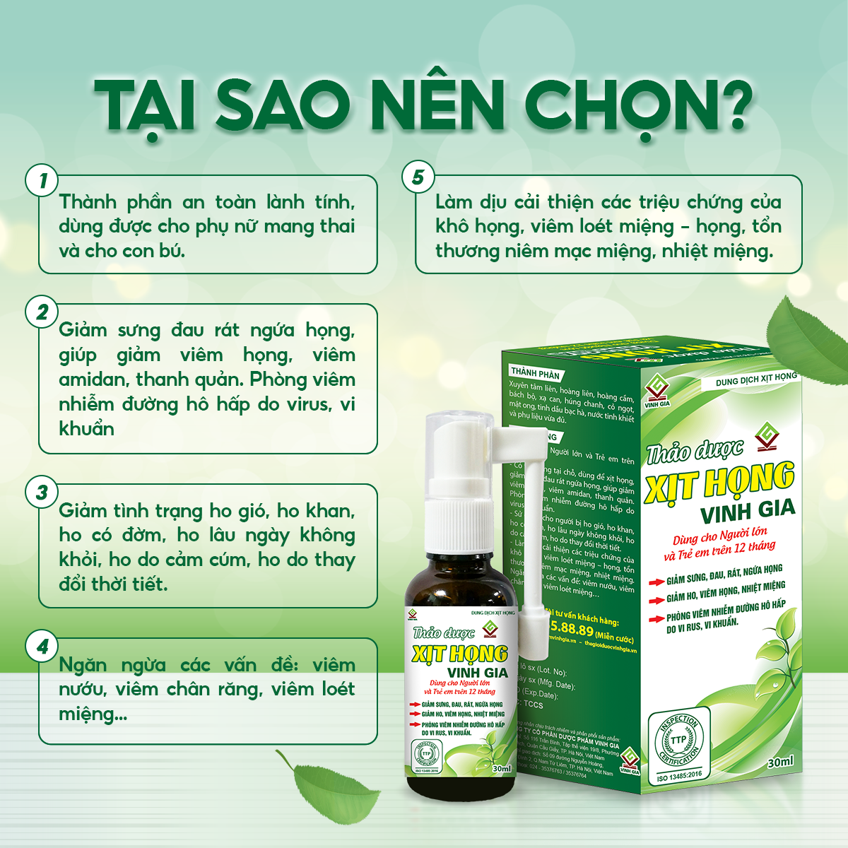 Xịt Họng Thảo Dược VINH GIA Giảm Ho, Viêm Họng Hạn Chế Loét Miệng Dùng Cho Người Lớn Và Trẻ Em Trên 12 Tháng Tuổi - 30ml