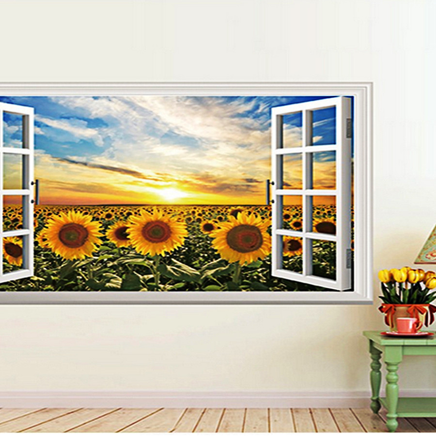 decal dán tường phong cảnh cửa sổ cánh đồng hoa hướng dương