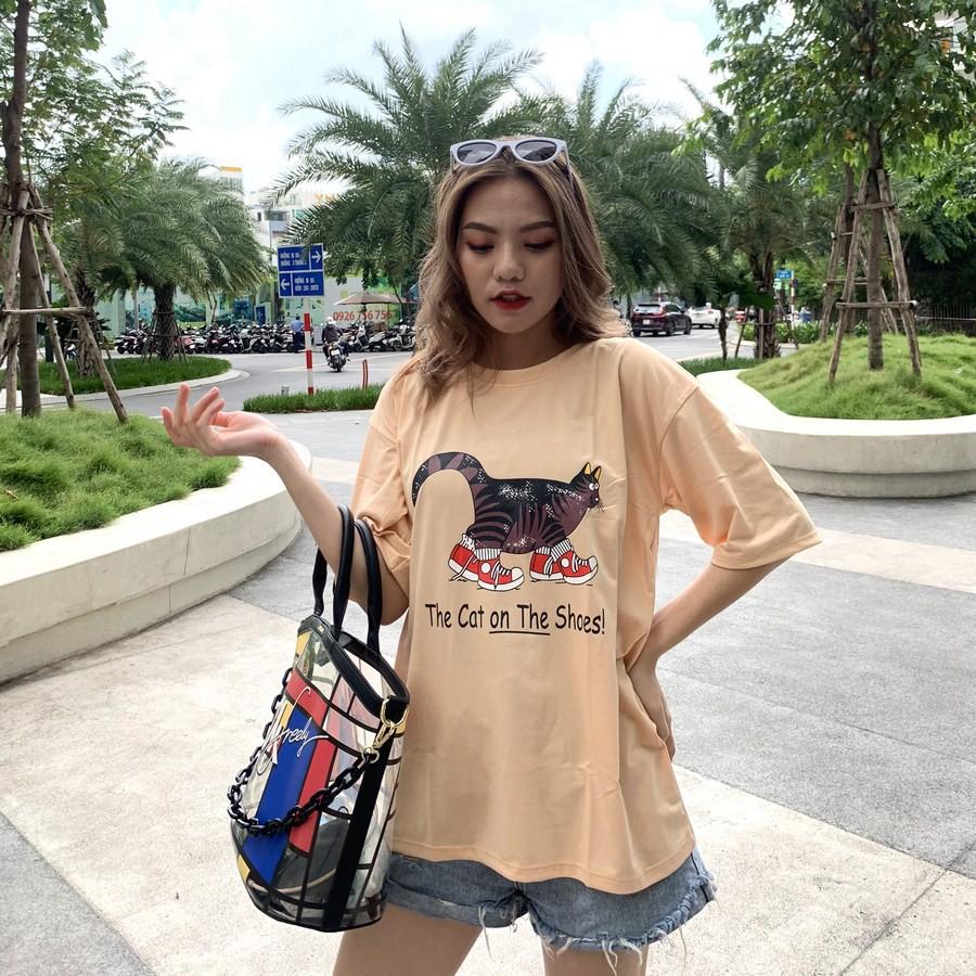 Áo thun unisex tay lỡ form rộng phong cách trẻ áo INICHI in hình chú mèo ngố mang giày - A651 màu trắng
