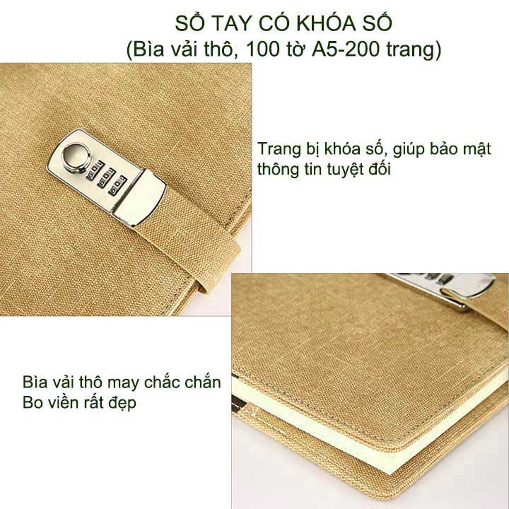 Sổ tay trang bị khóa số với bìa cứng bọc vải thô, khổ A5-100 tờ (200 trang)