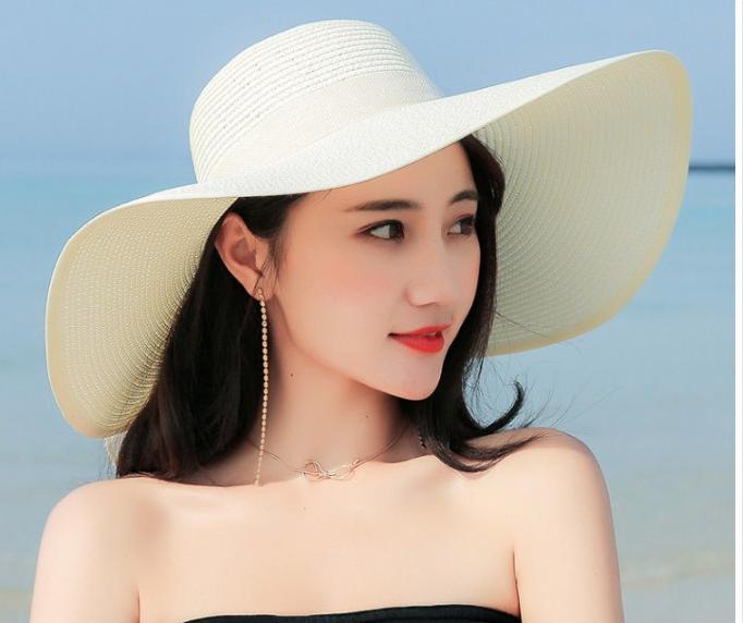 Mũ cói rộng vành thắt nơ phong cách Hàn, nón đi biển rộng vành