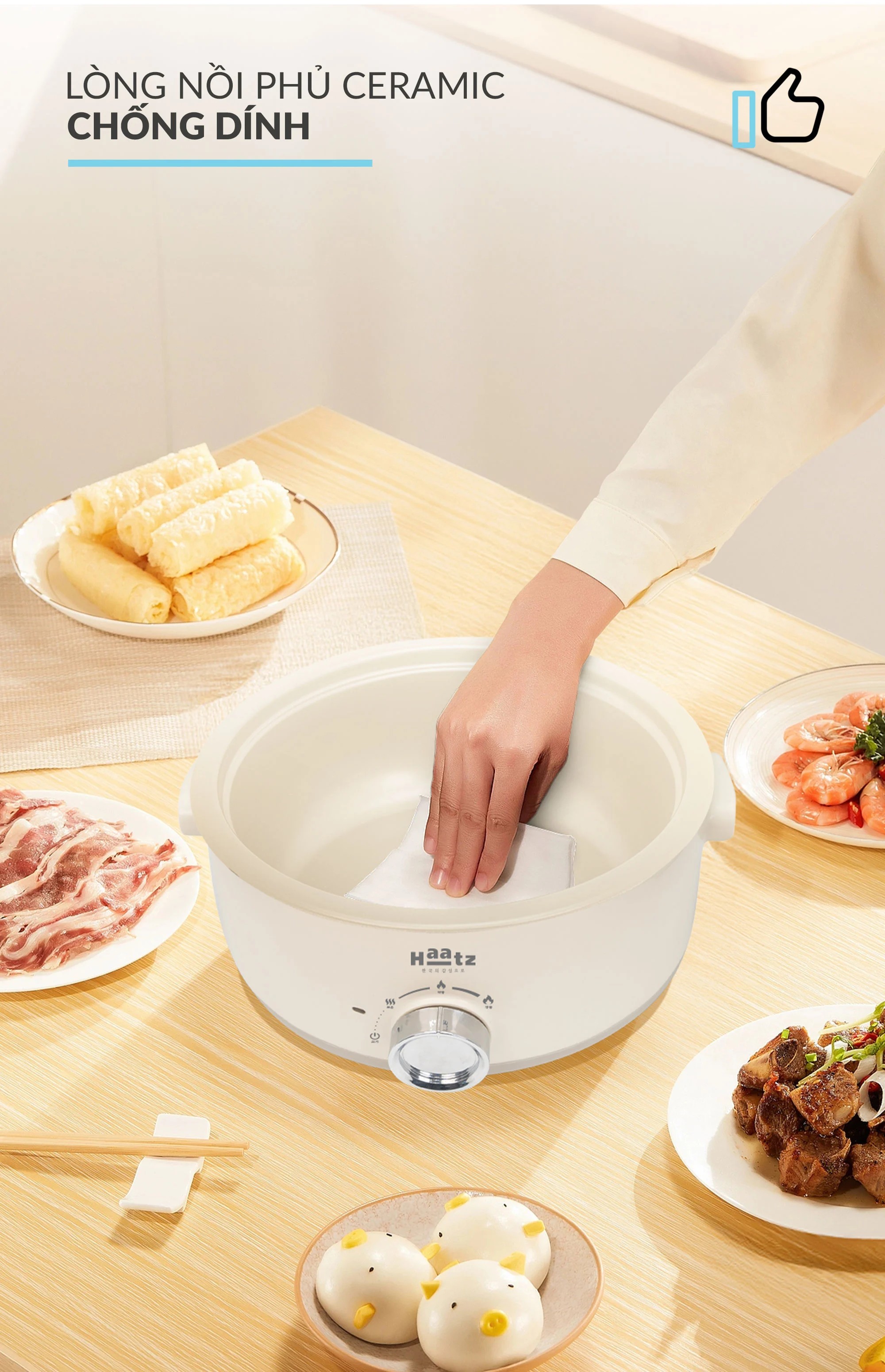 (NEW MODEL) Nồi Lẩu Điện Đa Năng 5L Haatz HEH508 Nấu Lẩu Xào Rán, Lòng Gốm Chống Dính Tháo Rời - Hàng Chính Hãng