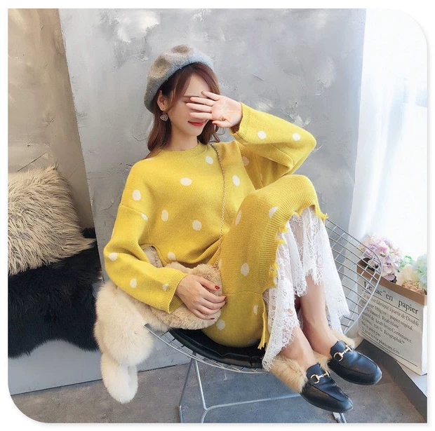 Đầm len suông dáng dài màu vàng chấm bi trắng phối ren tiểu thư siêu cute - DL38332