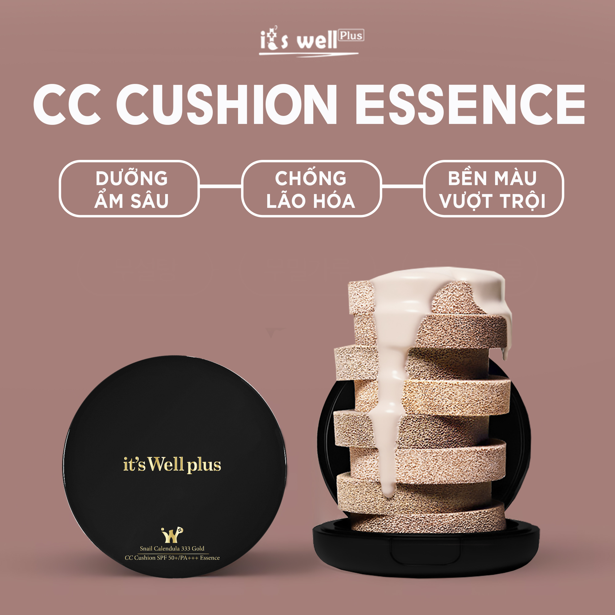 Kem Phấn Nước Trang Điểm Mềm Mượt Và Dưỡng Trắng Da It'S Well Plus Snail Calendula 333 Gold CC Cushion SPF50+/PA+++ Essence 15g