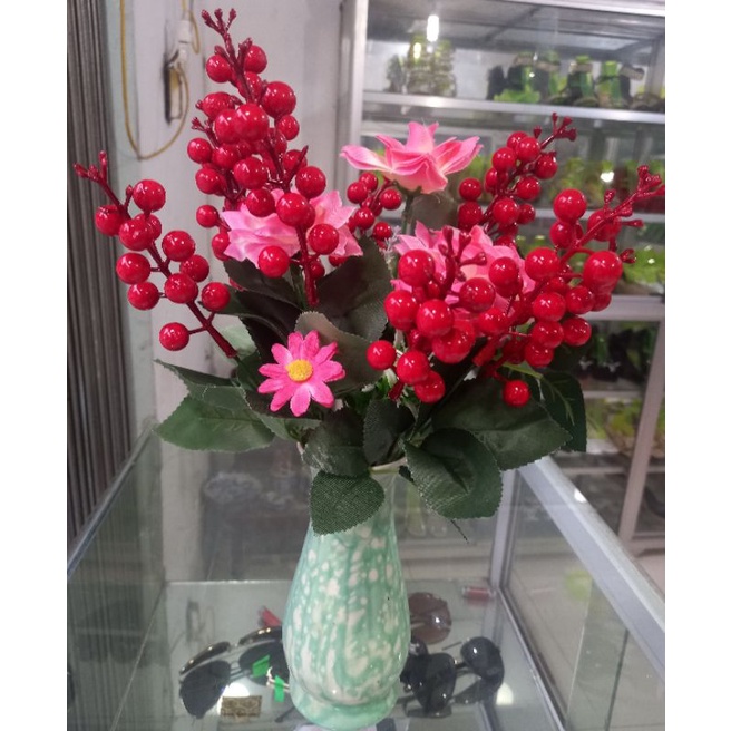 Hoa giả - Cụm quả cherry 7 nhánh trang trí nhà cửa