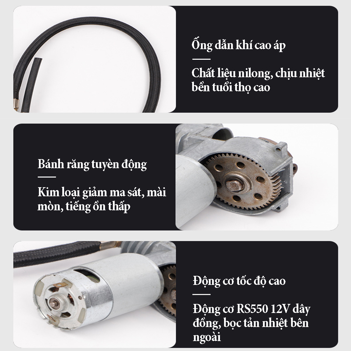 Động cơ máy bơm hơi điện áp 12V công suất tối đa 120W đường kính xi lanh 25mm lưu lượng khí 30 lít, có đồng hồ áp suất