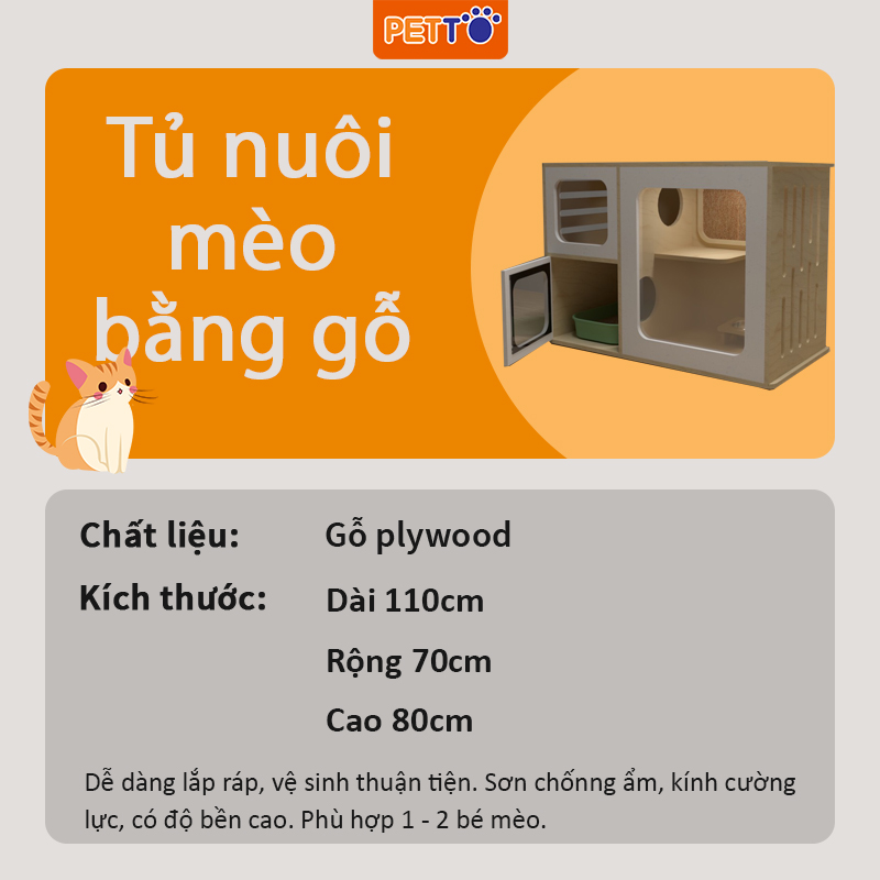 Tủ cho mèo BẰNG GỖ - Khách sạn cho mèo thiết kế 3 cửa kính trong suốt SANG TRỌNG dài 1m1 CC017