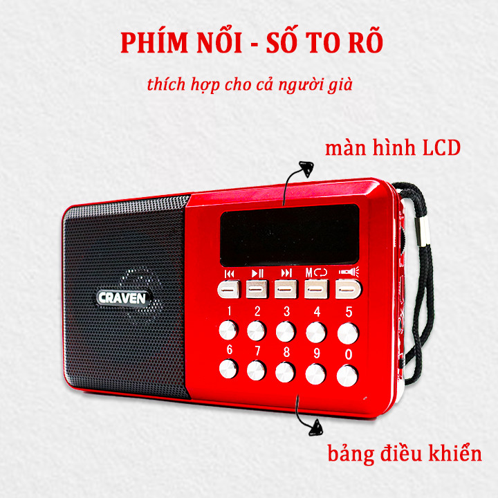 Radio mini nghe đài, nghe nhạc thẻ nhớ, USB, nghe kinh phật Craven CR-65 - có đèn pin (hàng nhập khẩu)