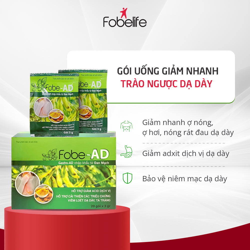 Gói Bột Uống Giảm Nhanh Ợ Nóng Ợ Chua Trào Ngược Dạ Dày Fobe-AD (Hộp 20 gói).