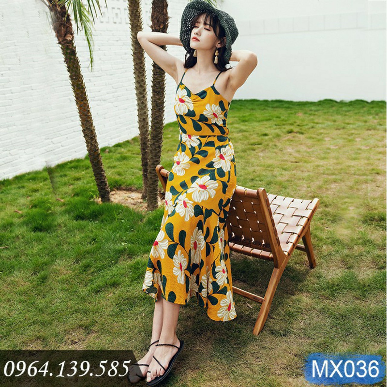 váy 2 dây maxi nữ, đầm 2 dây hoa vàng đan lưng sexy xinh xắn