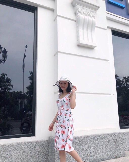 Đầm Hoa 2 Dây Bản To Cài Cúc Nhún Bèo - Hàng Đẹp