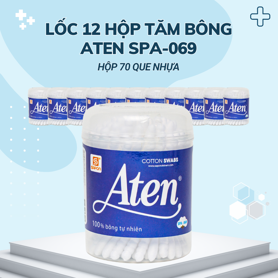Lốc 12 hộp Tăm bông người lớn thân nhựa hộp 70 que Aten SPA-069