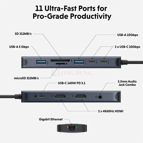 Cổng chuyển đổi HyperDrive Next 11-in-1 USB-C Dual Monitor Connectivity HD4006GL - Hàng chính hãng