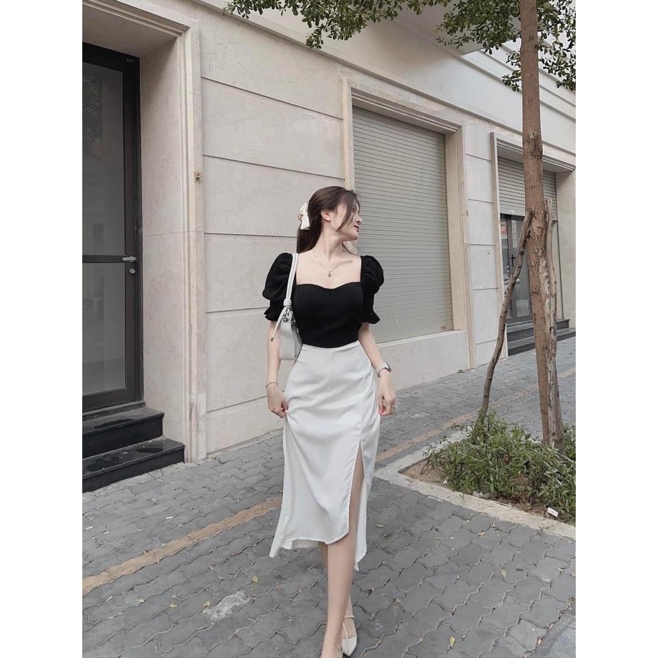 SET ĐI CHƠI, SET 2 MÓN ÁO CROPTOP CỔ VUÔNG TAY NGẮN PHỒNG PHỐI CHÂN VÁY DÀI XẺ CỰC SANH CHẢNH - áo trắng váy đen