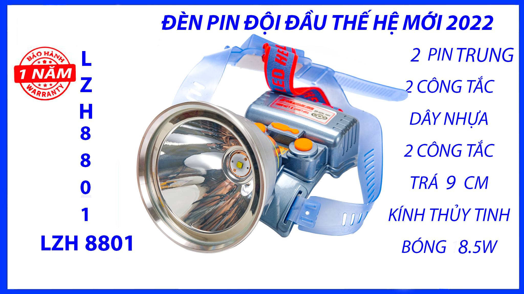 ĐÈN PIN ĐỘI ĐẦU LZH 8801 - 2 PIN 18650 - KÈM THEO 2 LĂNG KÍNH MÀU - BAO ĐI SÁNG ĐEM - TRÁ 9CM - 2 CÔNG TẮC - 3 CHẾ ĐỘ SÁNG - CHỐNG NƯỚC IP65