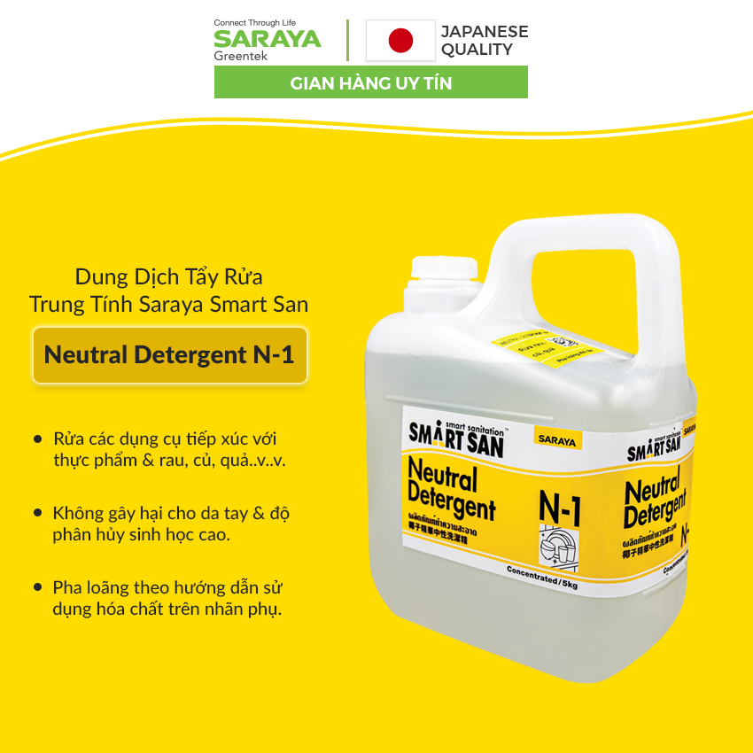 Dung Dịch Tẩy Rửa SARAYA NEUTRAL DETERGENT N-1, Thân Thiện Với Da Tay và Môi Trường - Can 5Kg