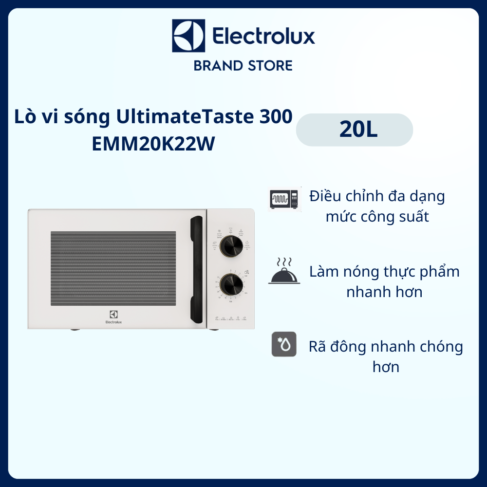 Lò vi sóng để bàn Electrolux UltimateTaste 300 20L - EMM20K22W - Chương trình cài sẵn tiện lợi, công suất lớn, hâm nóng nhanh hơn [Hàng chính hãng]