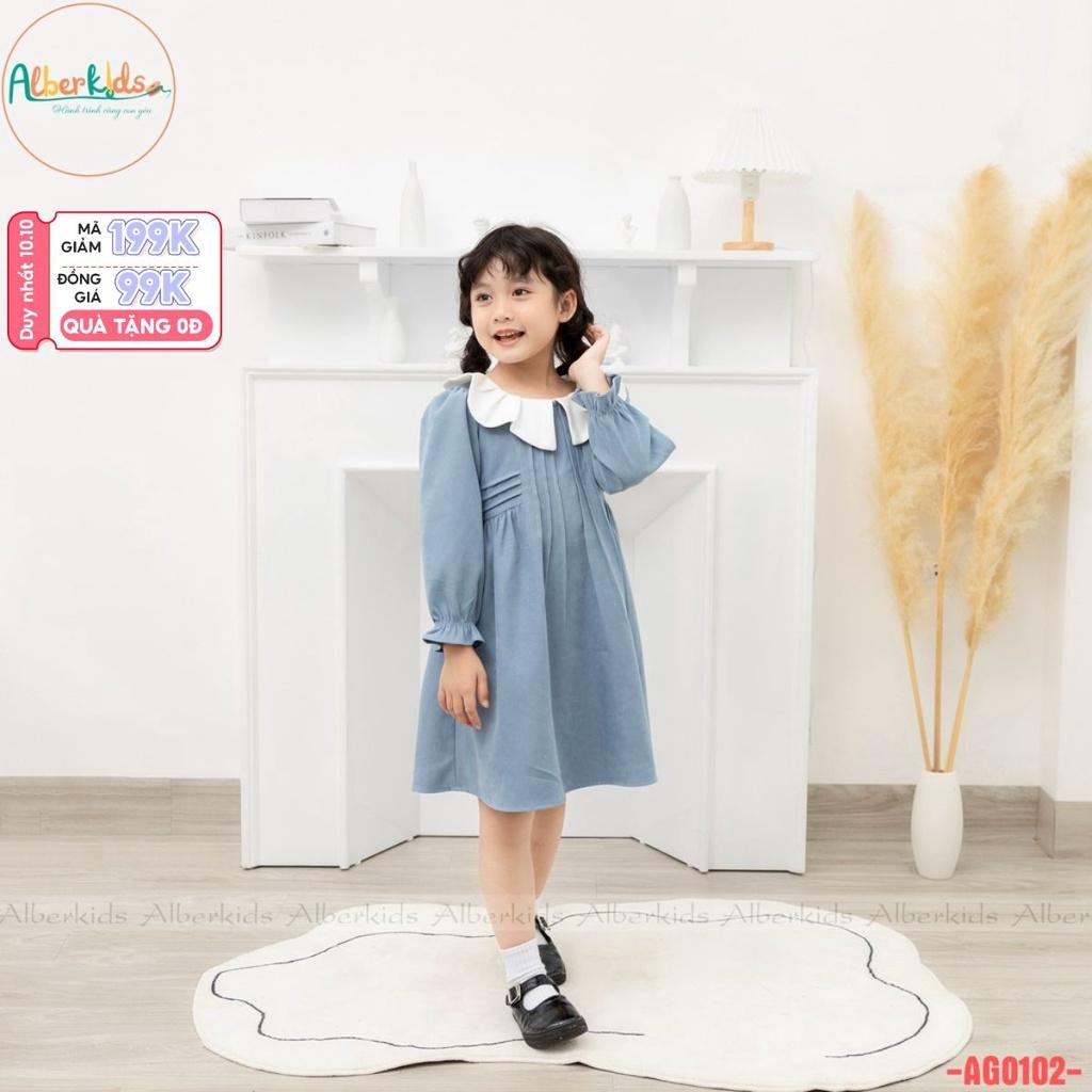 Váy bé gái ALBER KIDS tay dài xanh phối cổ trắng xinh đẹp cho trẻ em 2,3,4,5,6,7,8,9,10,11,12 tuổi AG0102