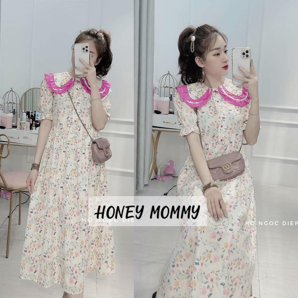 Váy Bầu Babydoll Hoa Nhí Cổ Bèo HD2829 Honey Mommy Đầm Bầu Hoa Ngắn Tay Mùa Hè Đi Chơi Công Sở Cổ Tròn