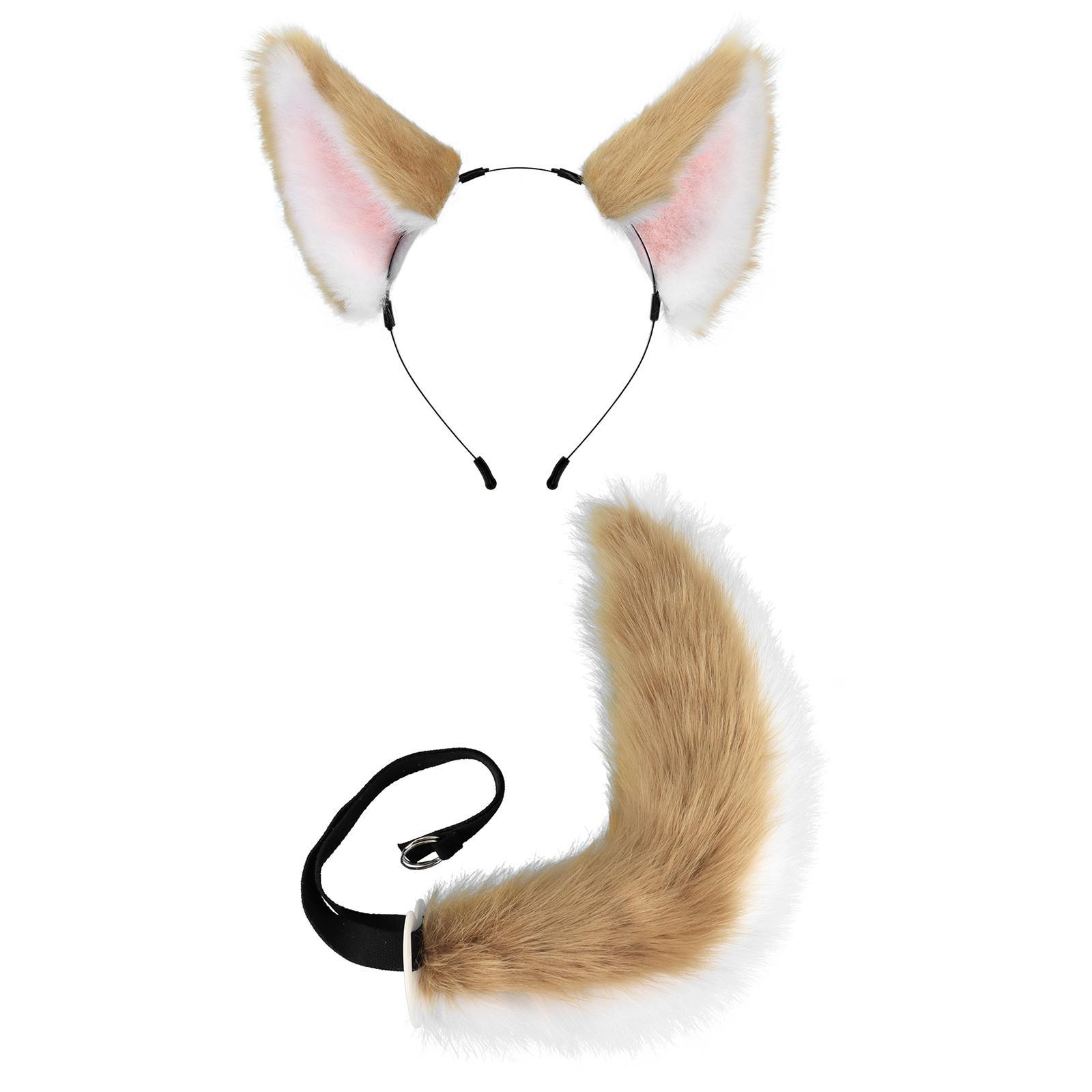Ears and Long Tail Set Hair Hoop Cosplay Cat Ear Plush Wolf Ears Handmade Headdress Headwear for Performance Christmas Prom Party Adults